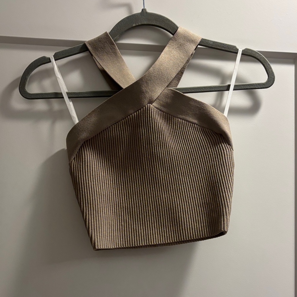 Aritzia Tan Ribbed Cross-Strap Crop Top